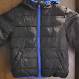 Black Puffer Jacket with Blue Trim
